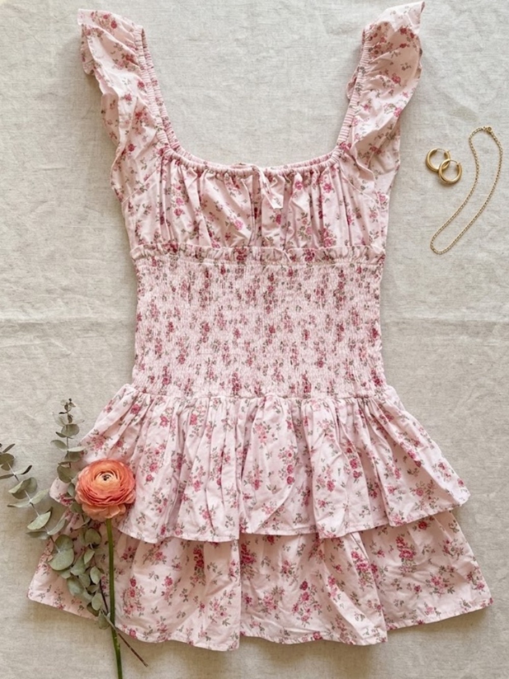 H&M Pink Floral Mini Balconette Ruched Feminine Tiered Fancy Dress